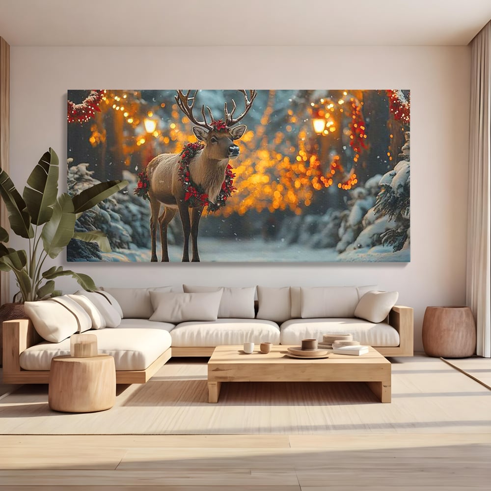 Tablou Canvas Premium, LuxCanva® D1095, Calatorul Craciunului, Iarna, Craciun, Ren, Lumini, Padure, Natura, Sarbatori, Liniste, Ninsoare, Basm, Poveste, Bucurie, Magie, Festiv, Living, Dormitor
