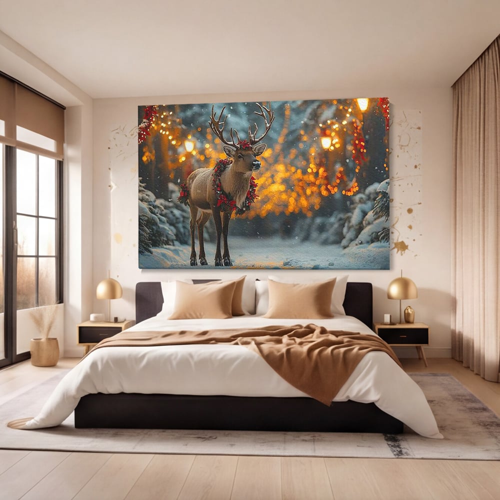 Tablou Canvas Premium, LuxCanva® D1095, Calatorul Craciunului, Iarna, Craciun, Ren, Lumini, Padure, Natura, Sarbatori, Liniste, Ninsoare, Basm, Poveste, Bucurie, Magie, Festiv, Living, Dormitor