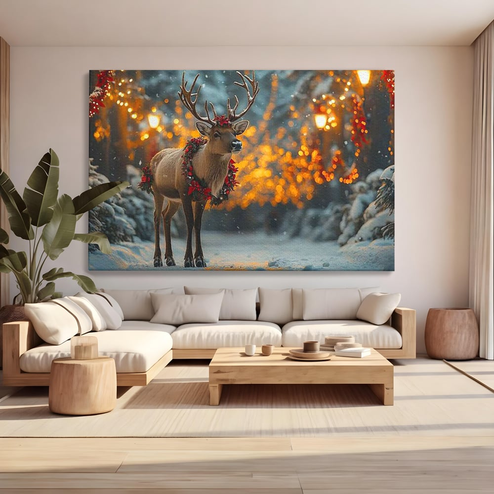 Tablou Canvas Premium, LuxCanva® D1095, Calatorul Craciunului, Iarna, Craciun, Ren, Lumini, Padure, Natura, Sarbatori, Liniste, Ninsoare, Basm, Poveste, Bucurie, Magie, Festiv, Living, Dormitor