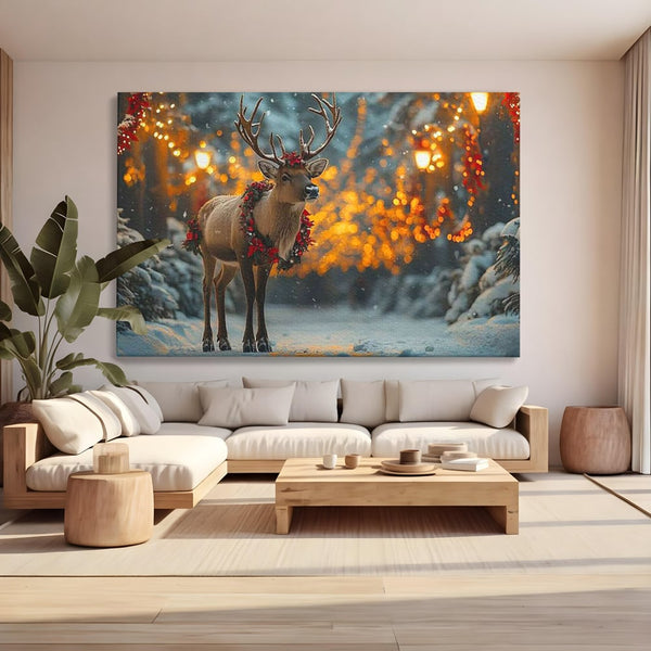 Tablou Canvas Premium, LuxCanva® D1095, Calatorul Craciunului, Iarna, Craciun, Ren, Lumini, Padure, Natura, Sarbatori, Liniste, Ninsoare, Basm, Poveste, Bucurie, Magie, Festiv, Living, Dormitor
