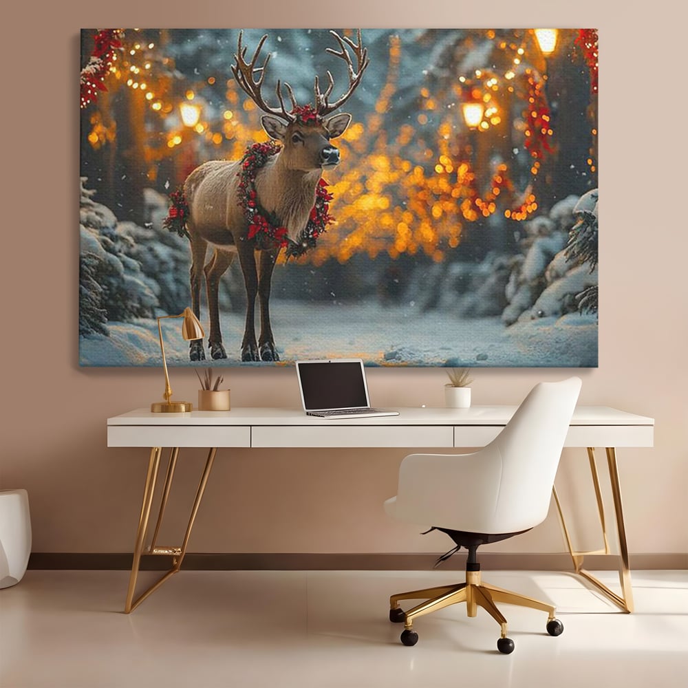 Tablou Canvas Premium, LuxCanva® D1095, Calatorul Craciunului, Iarna, Craciun, Ren, Lumini, Padure, Natura, Sarbatori, Liniste, Ninsoare, Basm, Poveste, Bucurie, Magie, Festiv, Living, Dormitor