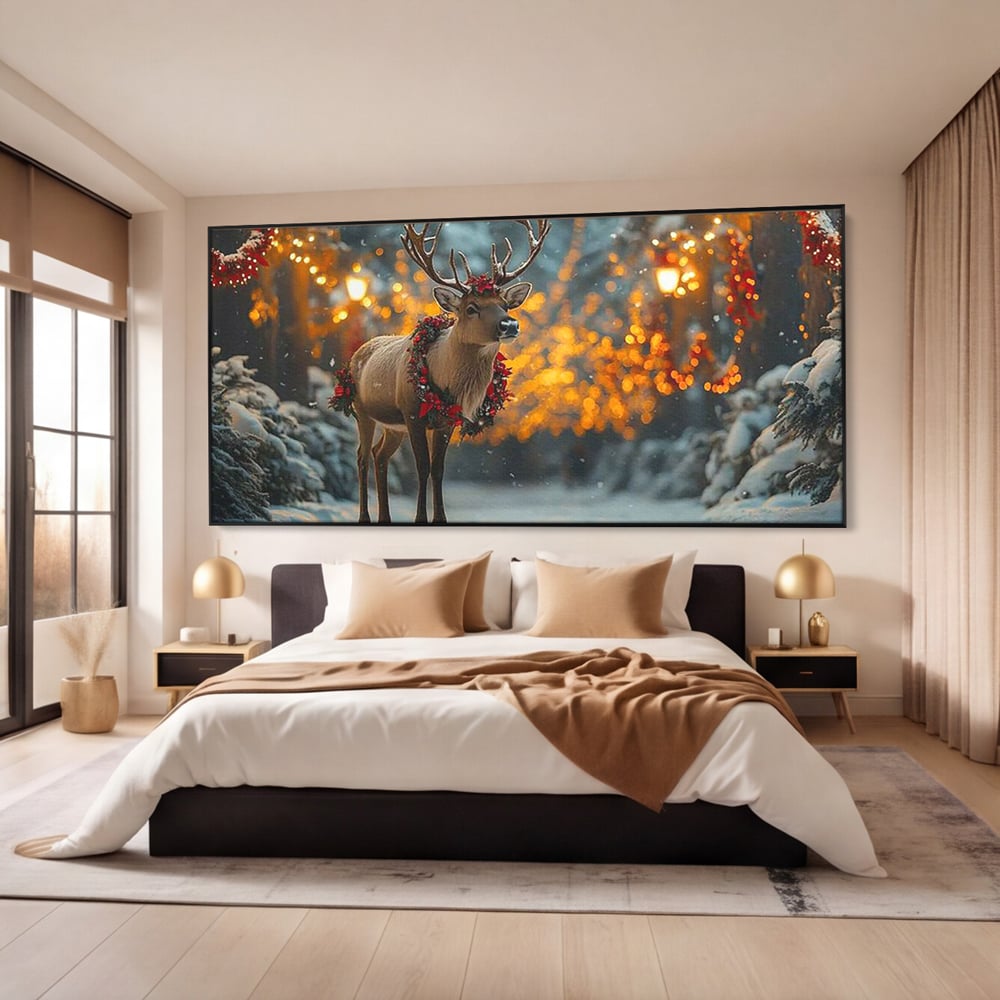 Tablou Canvas Premium, LuxCanva® D1095, Calatorul Craciunului, Iarna, Craciun, Ren, Lumini, Padure, Natura, Sarbatori, Liniste, Ninsoare, Basm, Poveste, Bucurie, Magie, Festiv, Living, Dormitor