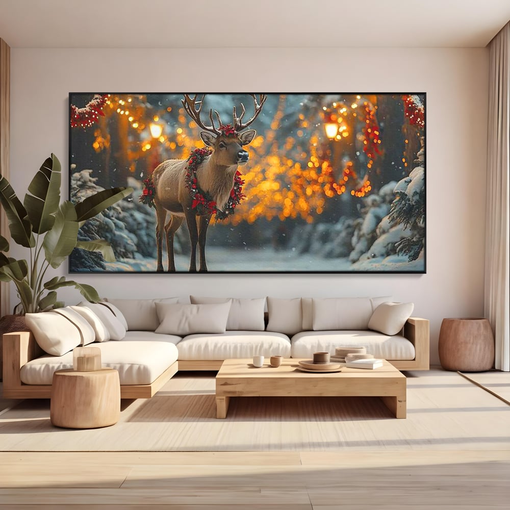 Tablou Canvas Premium, LuxCanva® D1095, Calatorul Craciunului, Iarna, Craciun, Ren, Lumini, Padure, Natura, Sarbatori, Liniste, Ninsoare, Basm, Poveste, Bucurie, Magie, Festiv, Living, Dormitor