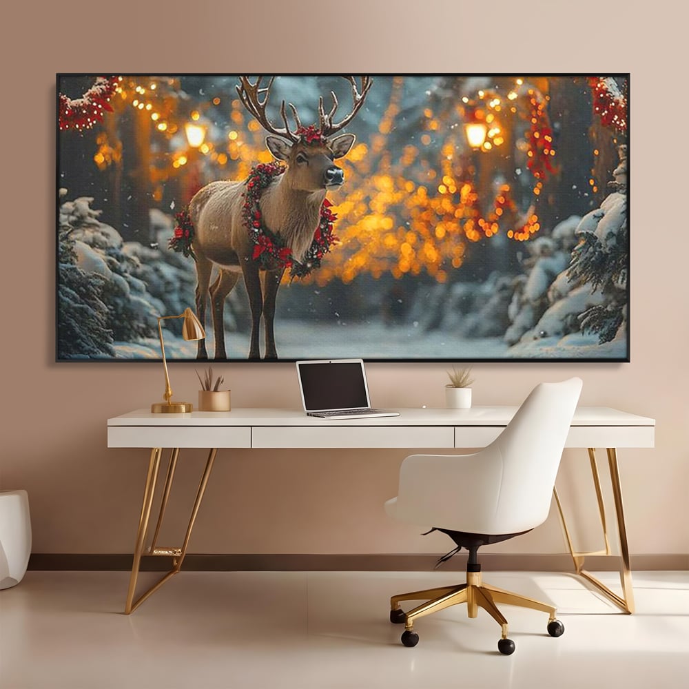 Tablou Canvas Premium, LuxCanva® D1095, Calatorul Craciunului, Iarna, Craciun, Ren, Lumini, Padure, Natura, Sarbatori, Liniste, Ninsoare, Basm, Poveste, Bucurie, Magie, Festiv, Living, Dormitor