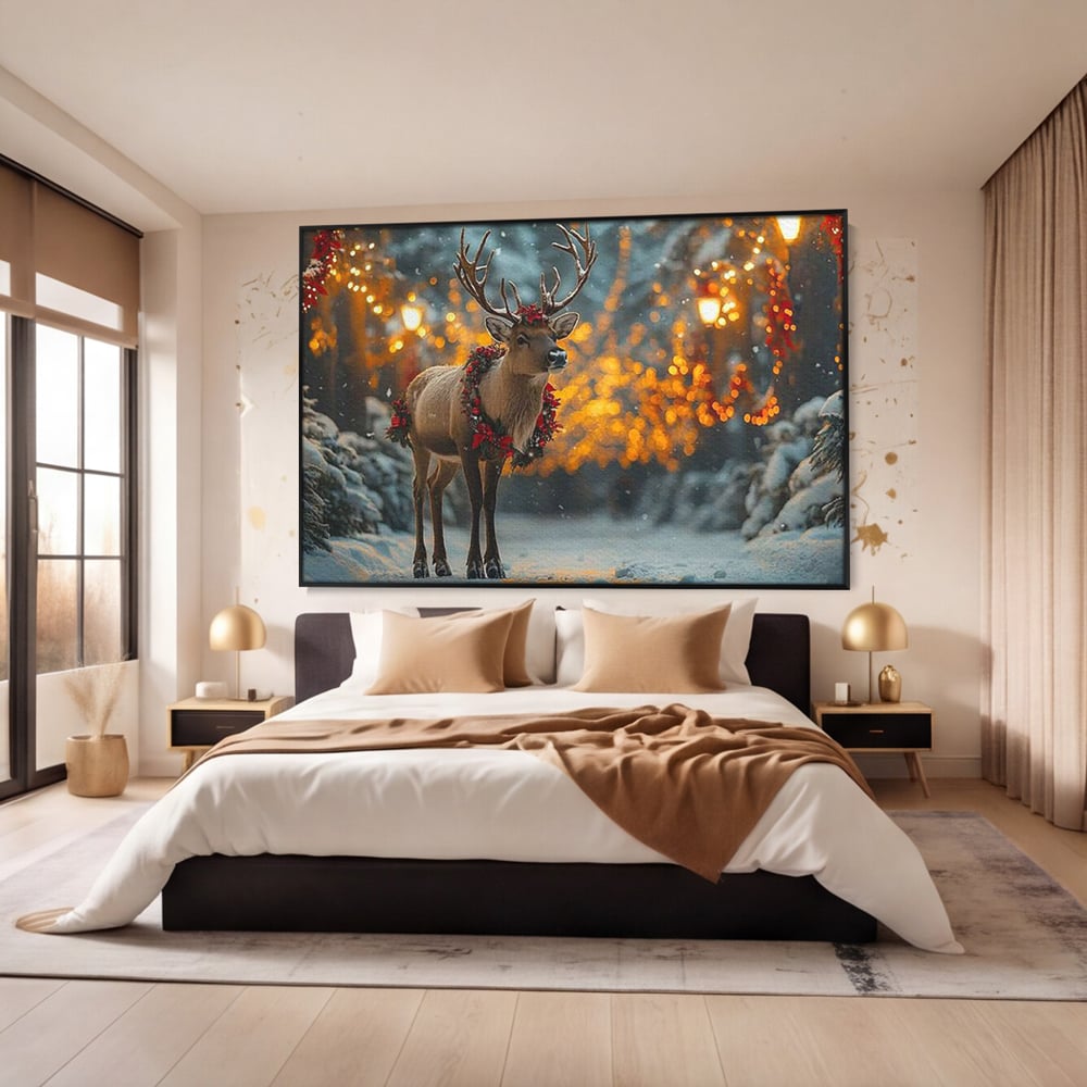 Tablou Canvas Premium, LuxCanva® D1095, Calatorul Craciunului, Iarna, Craciun, Ren, Lumini, Padure, Natura, Sarbatori, Liniste, Ninsoare, Basm, Poveste, Bucurie, Magie, Festiv, Living, Dormitor