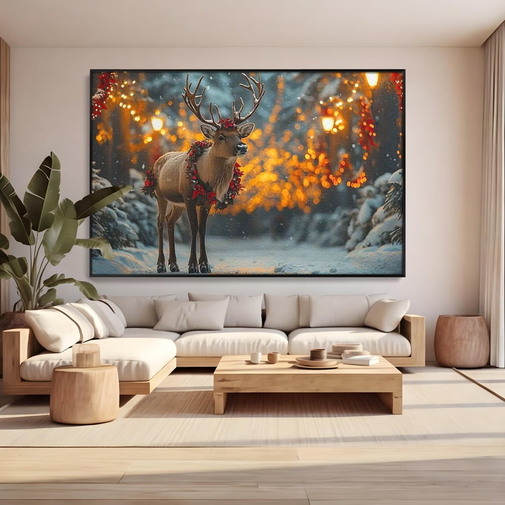Tablou Canvas Premium, LuxCanva® D1095, Calatorul Craciunului, Iarna, Craciun, Ren, Lumini, Padure, Natura, Sarbatori, Liniste, Ninsoare, Basm, Poveste, Bucurie, Magie, Festiv, Living, Dormitor