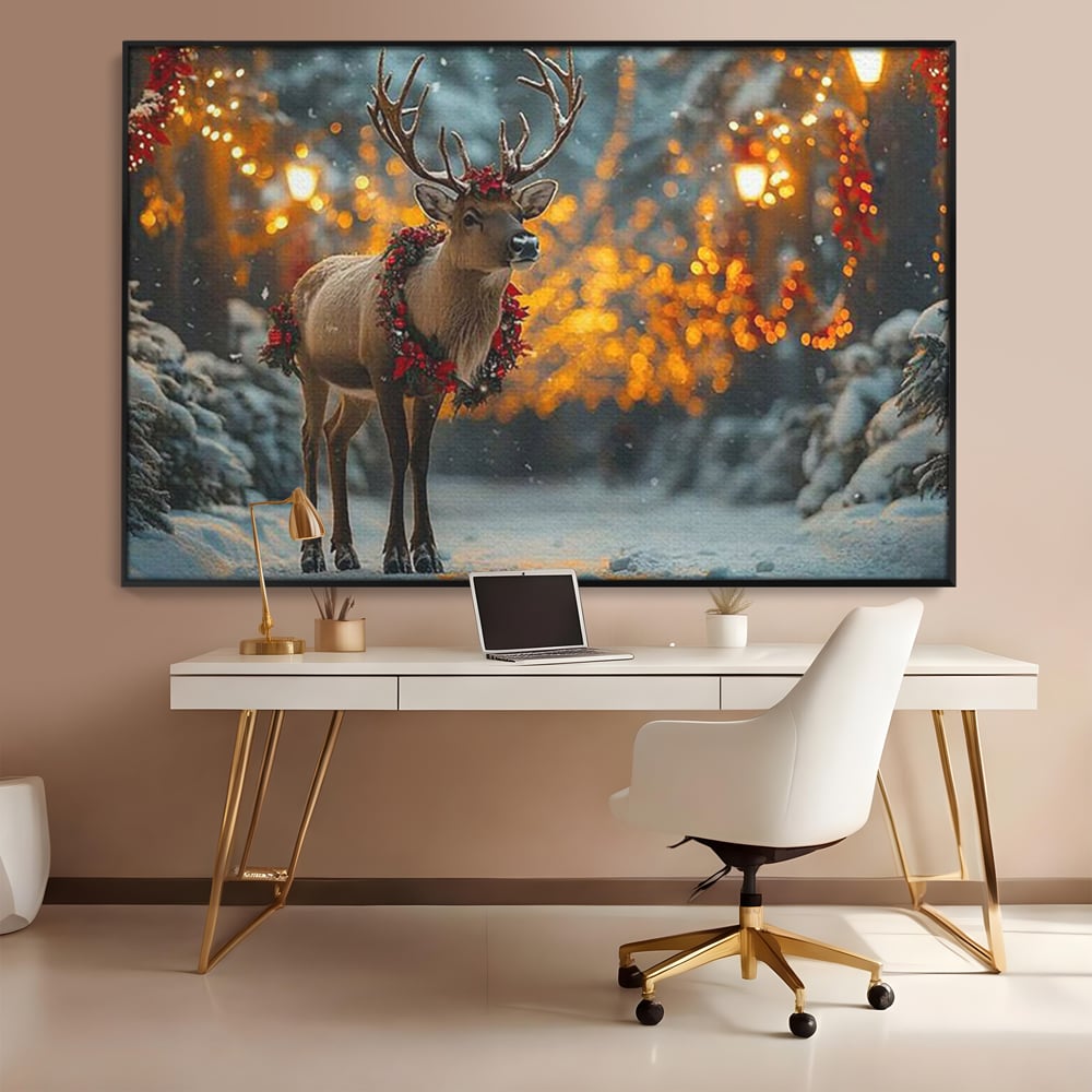 Tablou Canvas Premium, LuxCanva® D1095, Calatorul Craciunului, Iarna, Craciun, Ren, Lumini, Padure, Natura, Sarbatori, Liniste, Ninsoare, Basm, Poveste, Bucurie, Magie, Festiv, Living, Dormitor