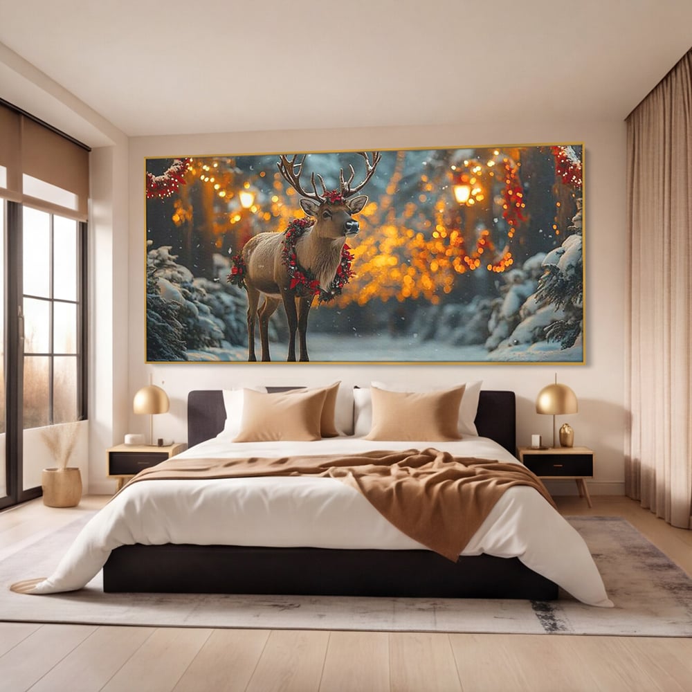 Tablou Canvas Premium, LuxCanva® D1095, Calatorul Craciunului, Iarna, Craciun, Ren, Lumini, Padure, Natura, Sarbatori, Liniste, Ninsoare, Basm, Poveste, Bucurie, Magie, Festiv, Living, Dormitor