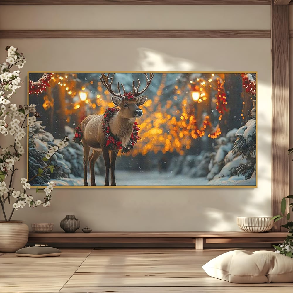 Tablou Canvas Premium, LuxCanva® D1095, Calatorul Craciunului, Iarna, Craciun, Ren, Lumini, Padure, Natura, Sarbatori, Liniste, Ninsoare, Basm, Poveste, Bucurie, Magie, Festiv, Living, Dormitor