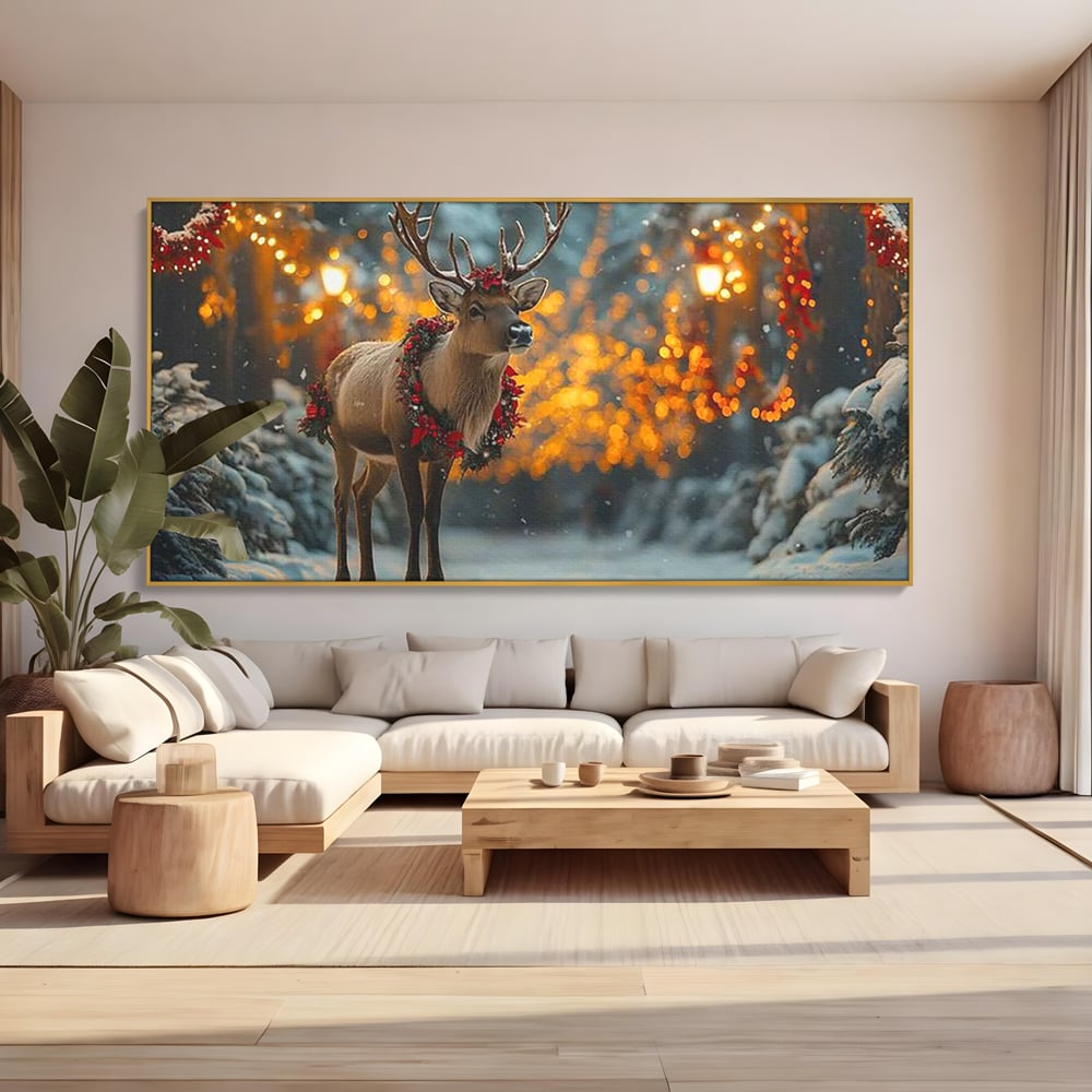 Tablou Canvas Premium, LuxCanva® D1095, Calatorul Craciunului, Iarna, Craciun, Ren, Lumini, Padure, Natura, Sarbatori, Liniste, Ninsoare, Basm, Poveste, Bucurie, Magie, Festiv, Living, Dormitor