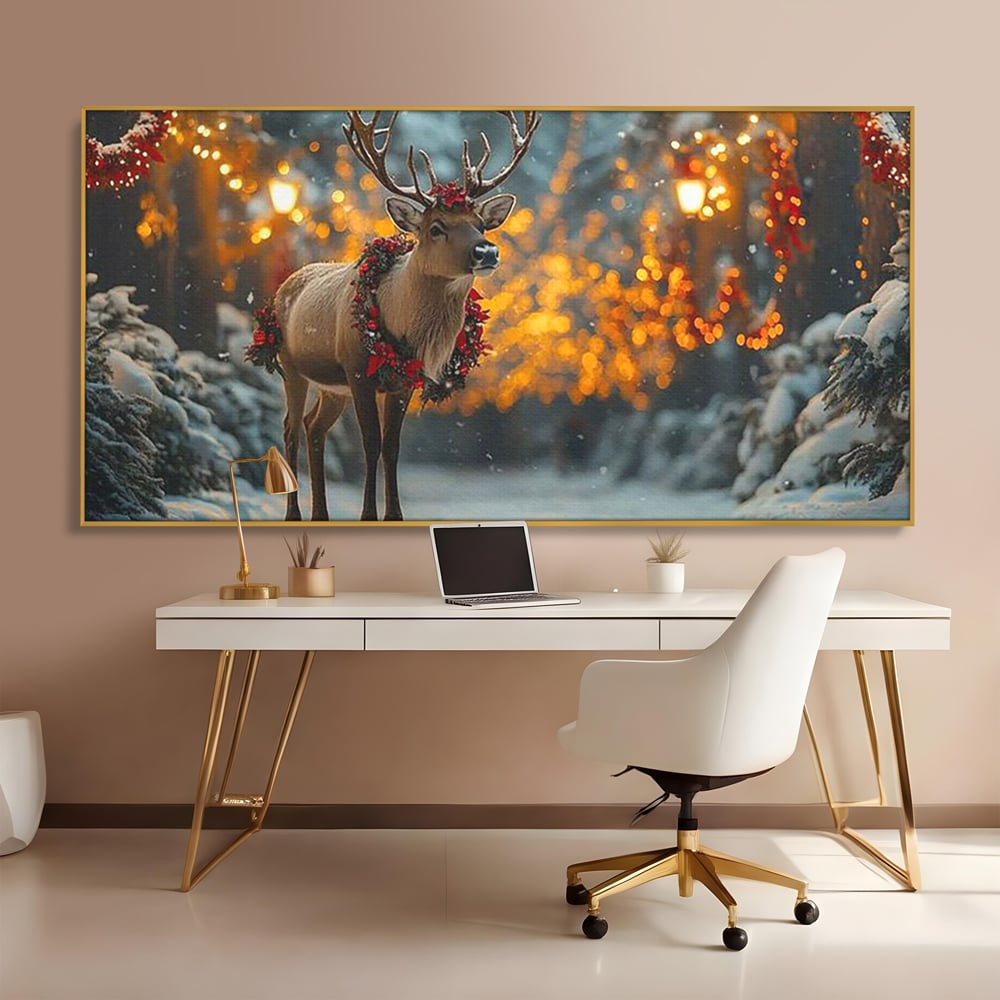 Tablou Canvas Premium, LuxCanva® D1095, Calatorul Craciunului, Iarna, Craciun, Ren, Lumini, Padure, Natura, Sarbatori, Liniste, Ninsoare, Basm, Poveste, Bucurie, Magie, Festiv, Living, Dormitor