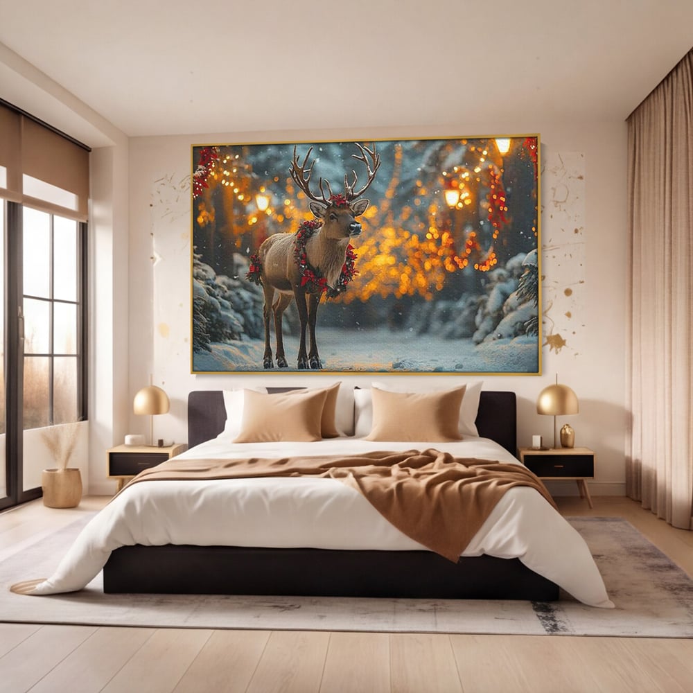 Tablou Canvas Premium, LuxCanva® D1095, Calatorul Craciunului, Iarna, Craciun, Ren, Lumini, Padure, Natura, Sarbatori, Liniste, Ninsoare, Basm, Poveste, Bucurie, Magie, Festiv, Living, Dormitor