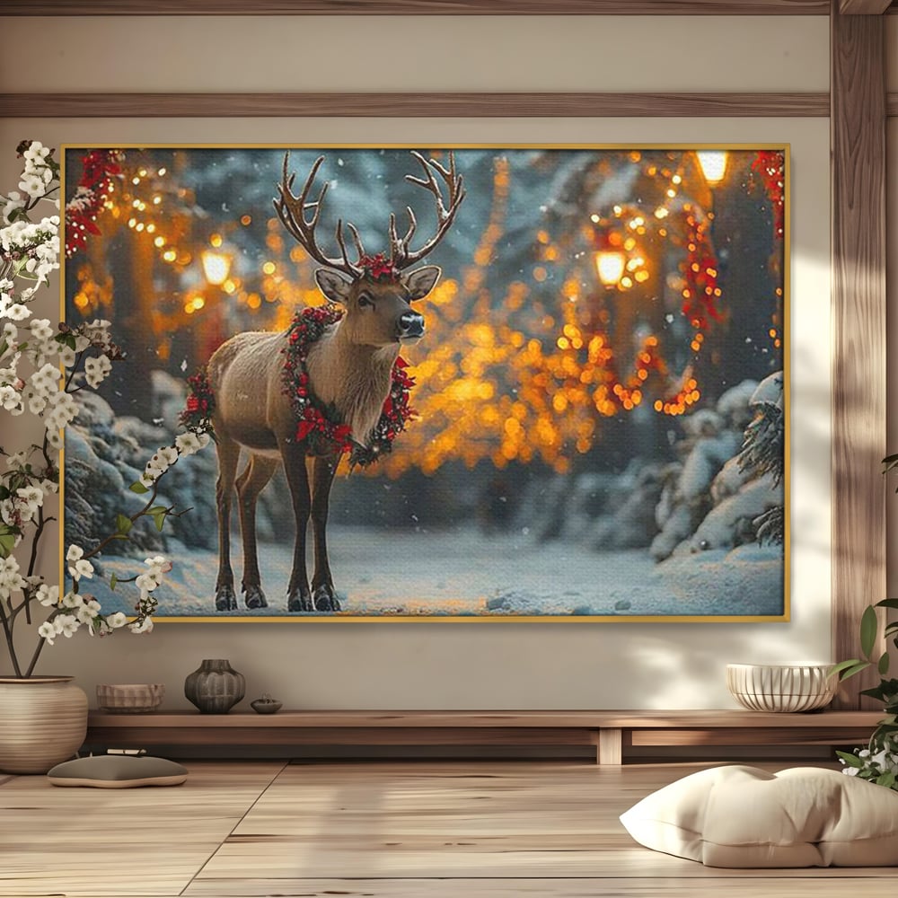 Tablou Canvas Premium, LuxCanva® D1095, Calatorul Craciunului, Iarna, Craciun, Ren, Lumini, Padure, Natura, Sarbatori, Liniste, Ninsoare, Basm, Poveste, Bucurie, Magie, Festiv, Living, Dormitor
