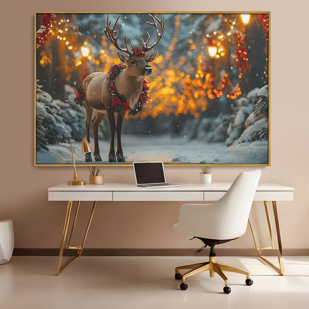Tablou Canvas Premium, LuxCanva® D1095, Calatorul Craciunului, Iarna, Craciun, Ren, Lumini, Padure, Natura, Sarbatori, Liniste, Ninsoare, Basm, Poveste, Bucurie, Magie, Festiv, Living, Dormitor