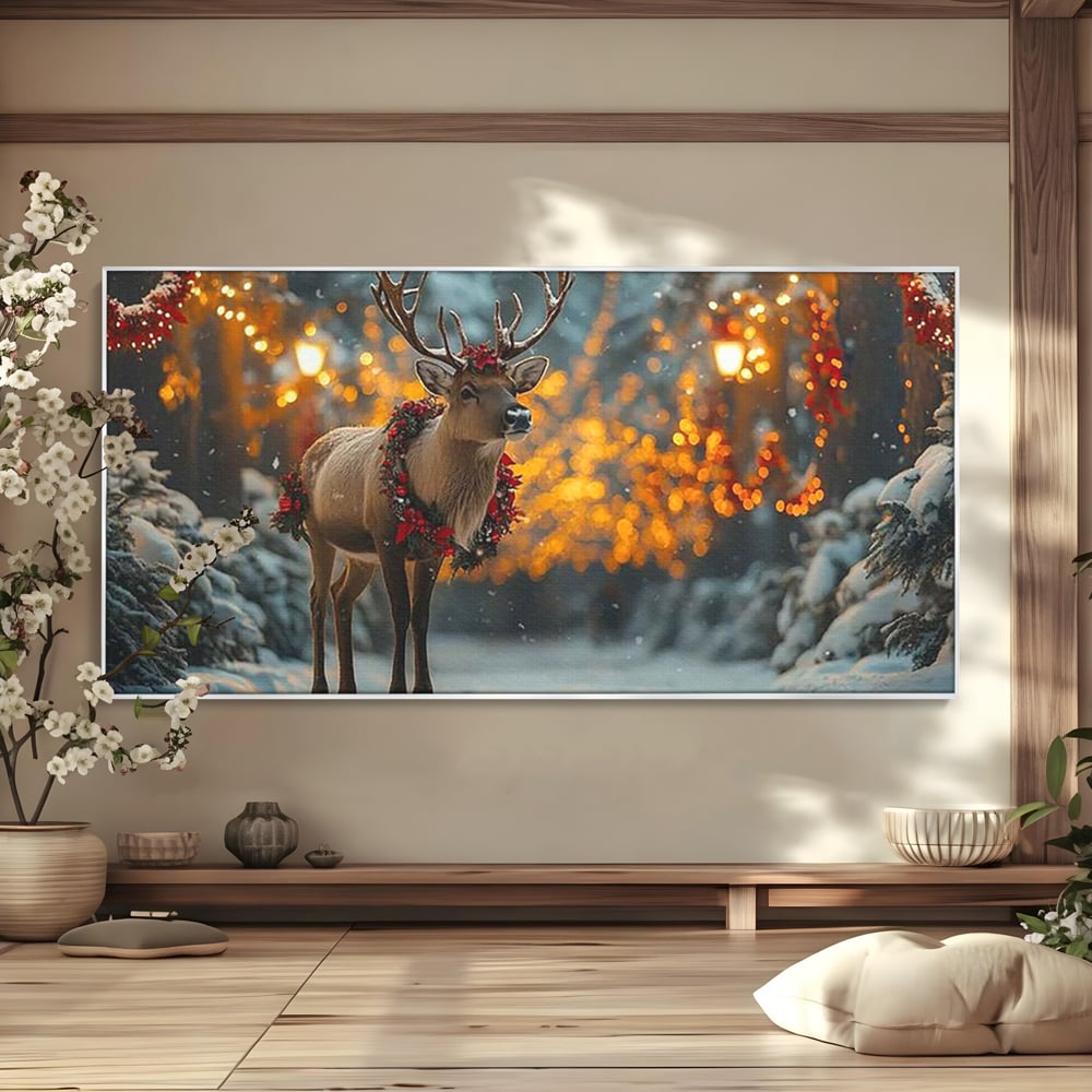 Tablou Canvas Premium, LuxCanva® D1095, Calatorul Craciunului, Iarna, Craciun, Ren, Lumini, Padure, Natura, Sarbatori, Liniste, Ninsoare, Basm, Poveste, Bucurie, Magie, Festiv, Living, Dormitor