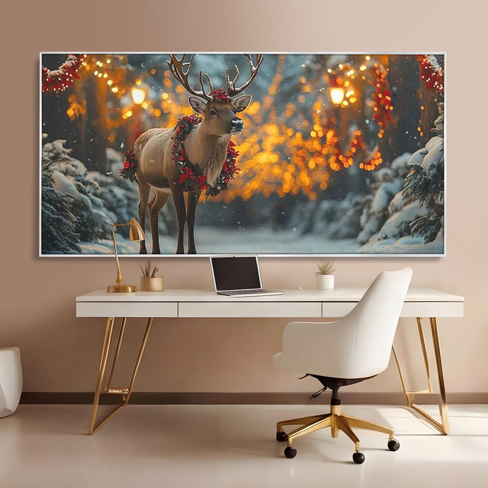 Tablou Canvas Premium, LuxCanva® D1095, Calatorul Craciunului, Iarna, Craciun, Ren, Lumini, Padure, Natura, Sarbatori, Liniste, Ninsoare, Basm, Poveste, Bucurie, Magie, Festiv, Living, Dormitor