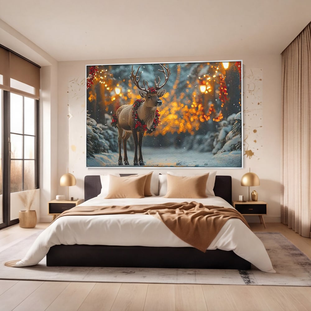 Tablou Canvas Premium, LuxCanva® D1095, Calatorul Craciunului, Iarna, Craciun, Ren, Lumini, Padure, Natura, Sarbatori, Liniste, Ninsoare, Basm, Poveste, Bucurie, Magie, Festiv, Living, Dormitor