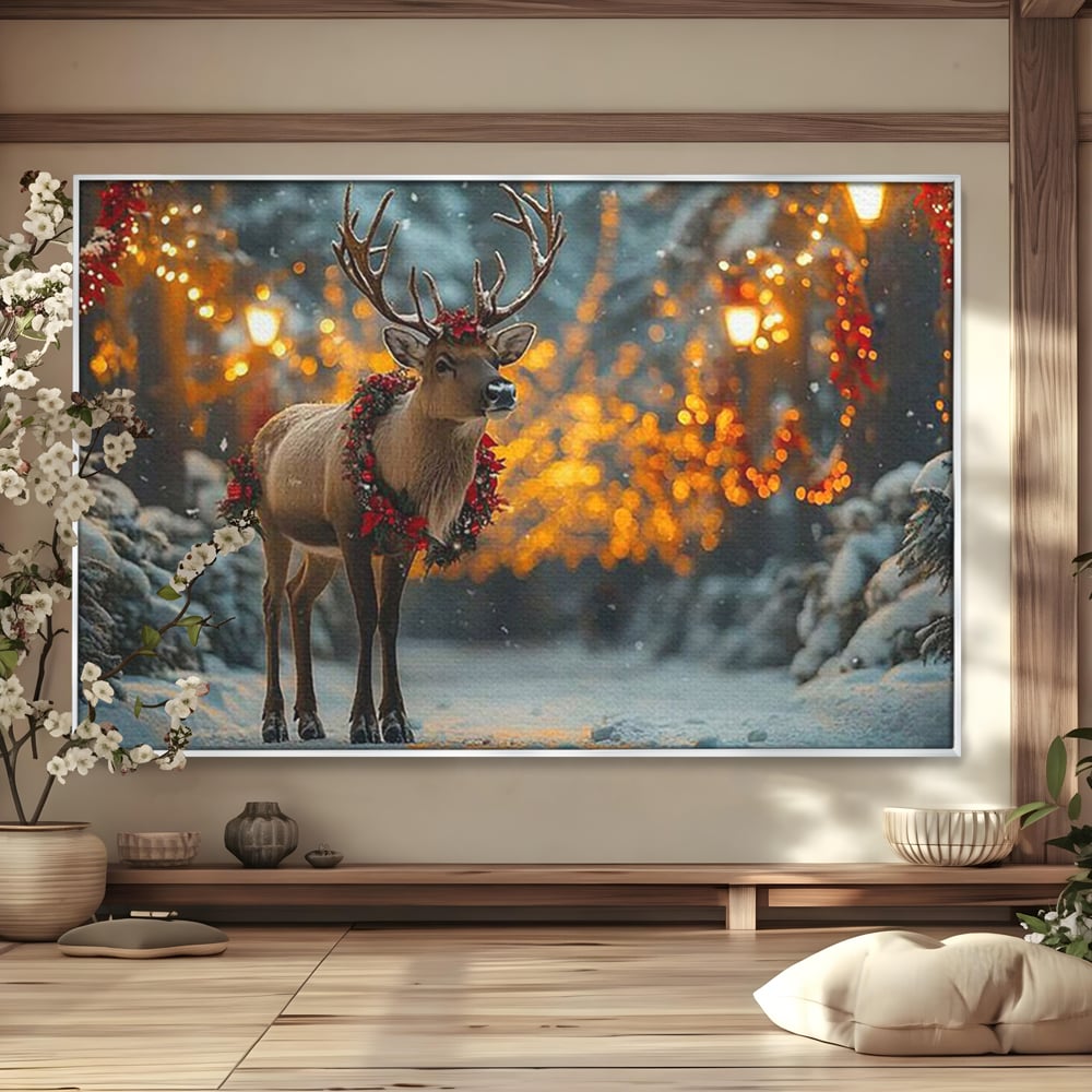 Tablou Canvas Premium, LuxCanva® D1095, Calatorul Craciunului, Iarna, Craciun, Ren, Lumini, Padure, Natura, Sarbatori, Liniste, Ninsoare, Basm, Poveste, Bucurie, Magie, Festiv, Living, Dormitor