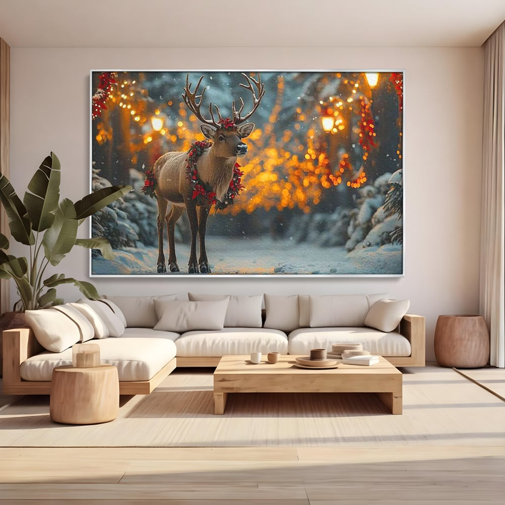 Tablou Canvas Premium, LuxCanva® D1095, Calatorul Craciunului, Iarna, Craciun, Ren, Lumini, Padure, Natura, Sarbatori, Liniste, Ninsoare, Basm, Poveste, Bucurie, Magie, Festiv, Living, Dormitor