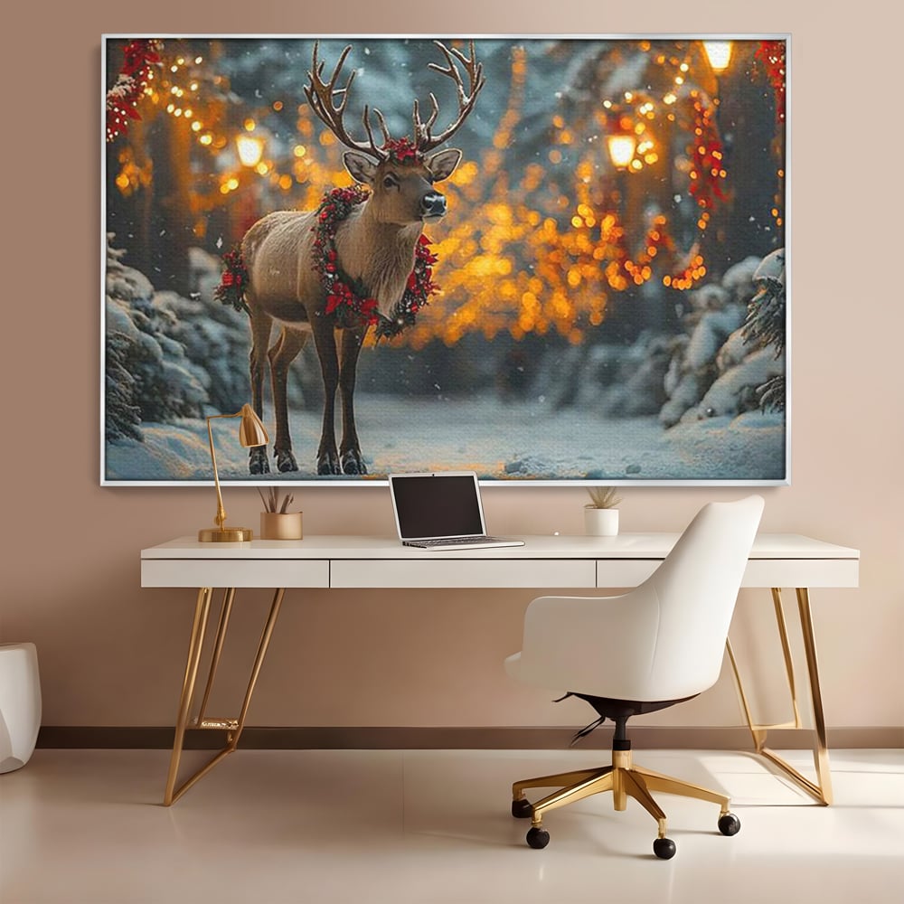 Tablou Canvas Premium, LuxCanva® D1095, Calatorul Craciunului, Iarna, Craciun, Ren, Lumini, Padure, Natura, Sarbatori, Liniste, Ninsoare, Basm, Poveste, Bucurie, Magie, Festiv, Living, Dormitor