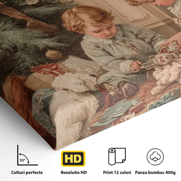Tablou Canvas Premium, LuxCanva® D1096, Darurile copilariei,  Brad, Impodobit, Copii, Cadouri, Ajun, Inocenta, Copilarie, Fericire, Craciun, Mos, Jucarii, Iubire, Sarbatoare, Magie, Living, Dormitor