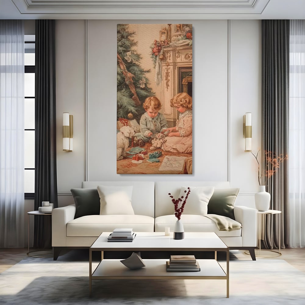 Tablou Canvas Premium, LuxCanva® D1096, Darurile copilariei,  Brad, Impodobit, Copii, Cadouri, Ajun, Inocenta, Copilarie, Fericire, Craciun, Mos, Jucarii, Iubire, Sarbatoare, Magie, Living, Dormitor