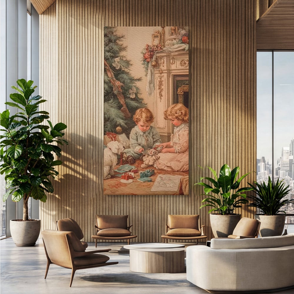Tablou Canvas Premium, LuxCanva® D1096, Darurile copilariei,  Brad, Impodobit, Copii, Cadouri, Ajun, Inocenta, Copilarie, Fericire, Craciun, Mos, Jucarii, Iubire, Sarbatoare, Magie, Living, Dormitor