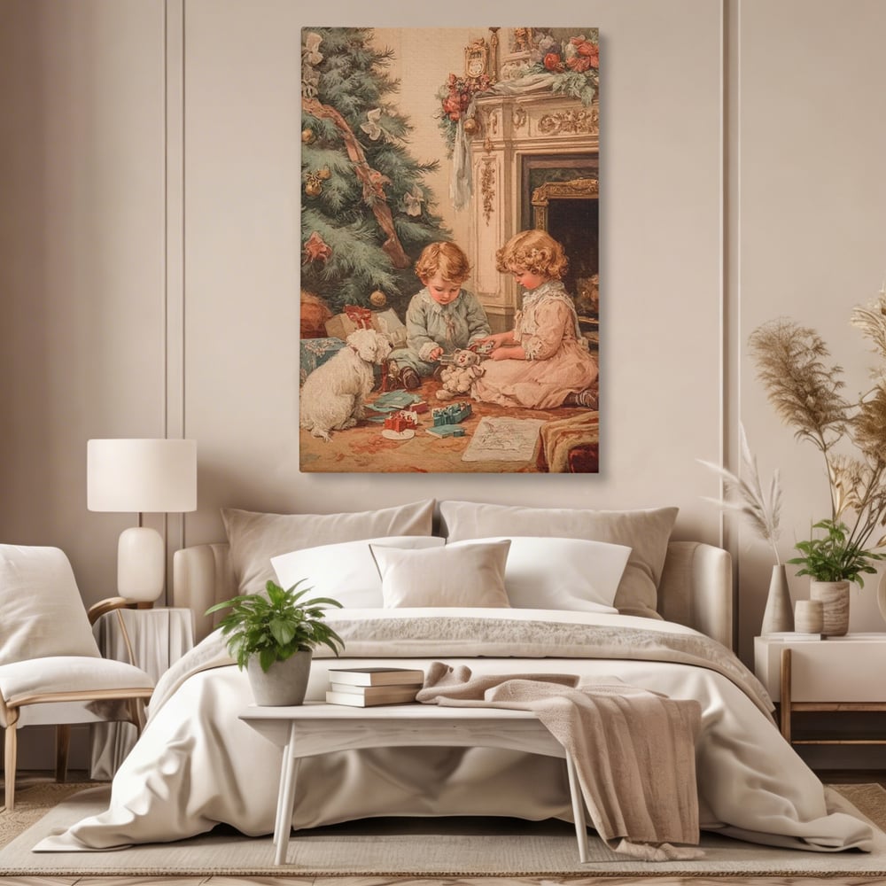 Tablou Canvas Premium, LuxCanva® D1096, Darurile copilariei,  Brad, Impodobit, Copii, Cadouri, Ajun, Inocenta, Copilarie, Fericire, Craciun, Mos, Jucarii, Iubire, Sarbatoare, Magie, Living, Dormitor