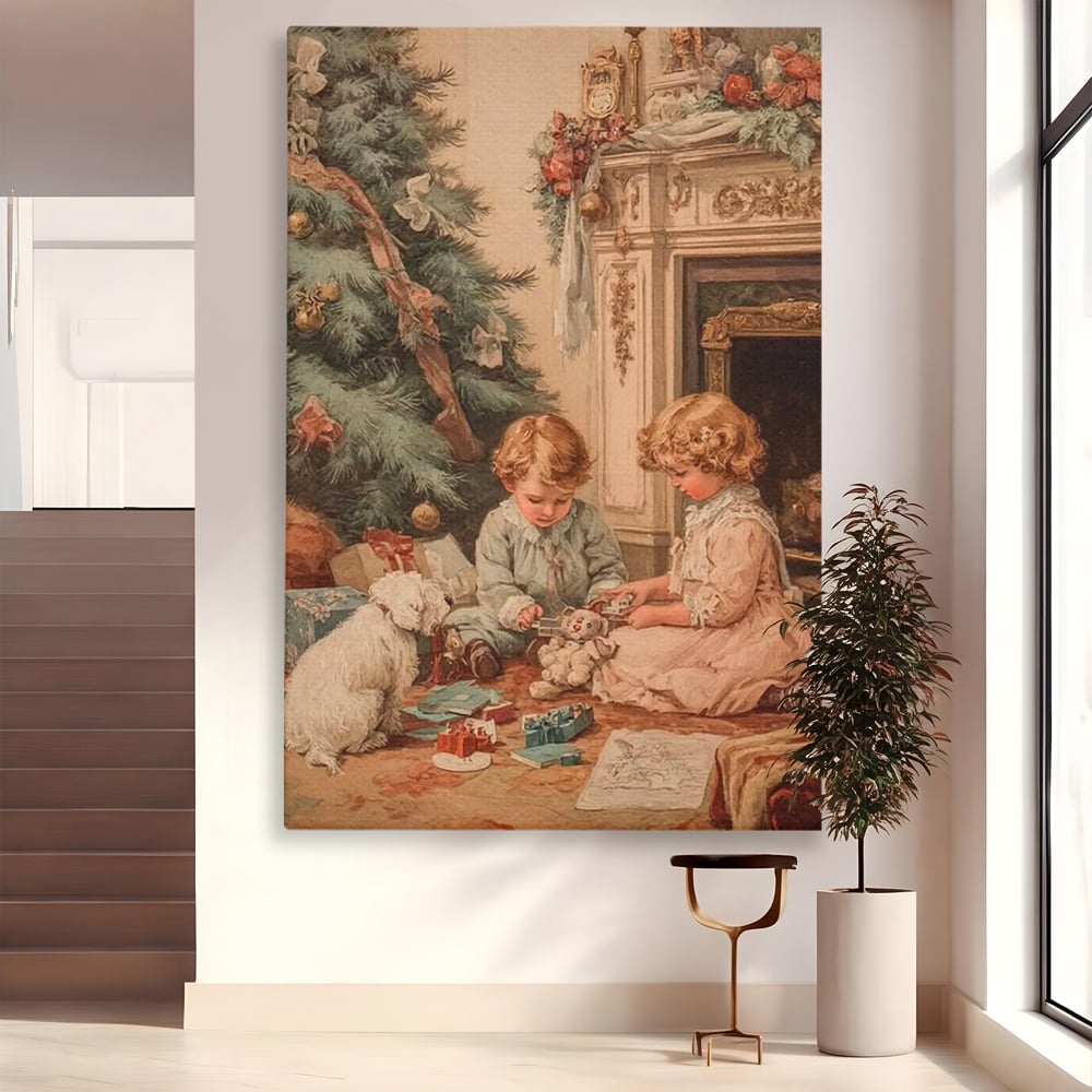 Tablou Canvas Premium, LuxCanva® D1096, Darurile copilariei,  Brad, Impodobit, Copii, Cadouri, Ajun, Inocenta, Copilarie, Fericire, Craciun, Mos, Jucarii, Iubire, Sarbatoare, Magie, Living, Dormitor
