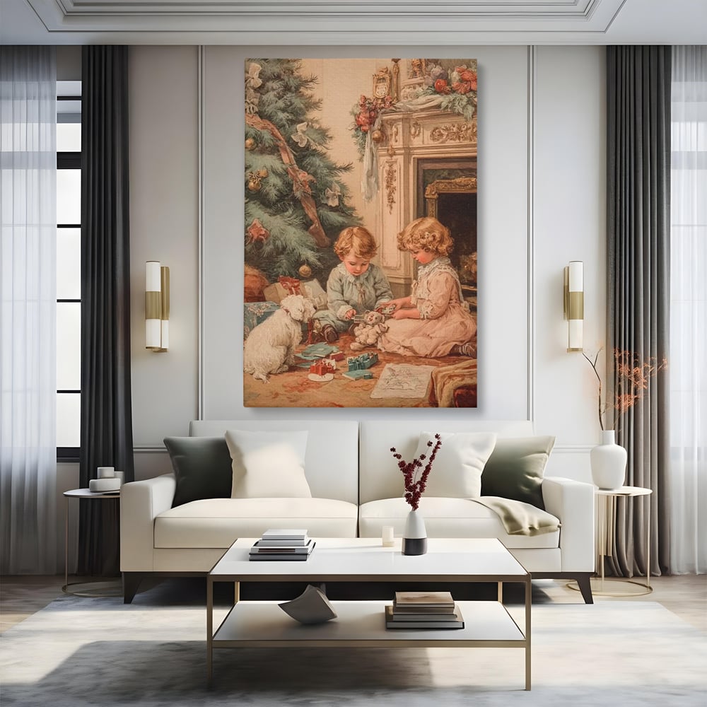 Tablou Canvas Premium, LuxCanva® D1096, Darurile copilariei,  Brad, Impodobit, Copii, Cadouri, Ajun, Inocenta, Copilarie, Fericire, Craciun, Mos, Jucarii, Iubire, Sarbatoare, Magie, Living, Dormitor