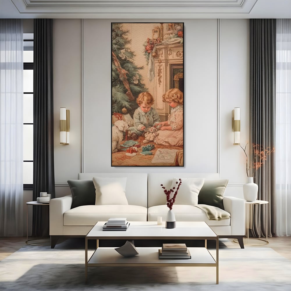 Tablou Canvas Premium, LuxCanva® D1096, Darurile copilariei,  Brad, Impodobit, Copii, Cadouri, Ajun, Inocenta, Copilarie, Fericire, Craciun, Mos, Jucarii, Iubire, Sarbatoare, Magie, Living, Dormitor