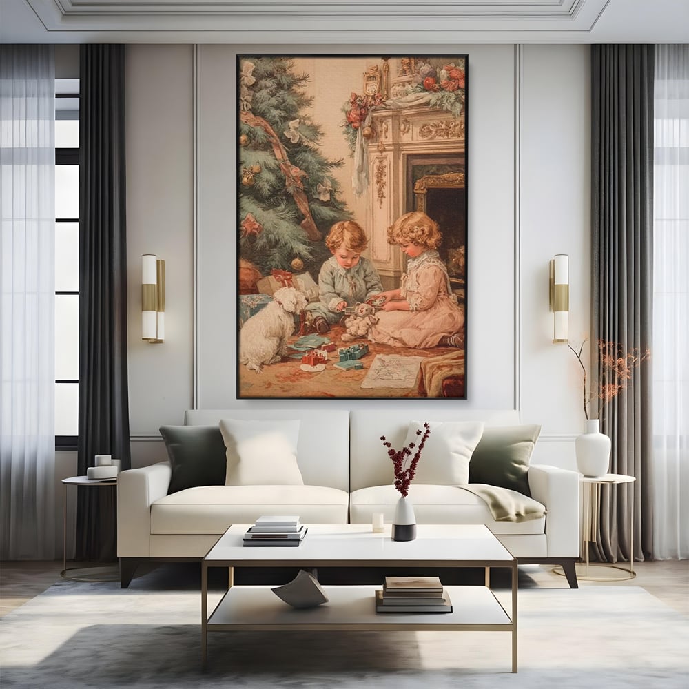 Tablou Canvas Premium, LuxCanva® D1096, Darurile copilariei,  Brad, Impodobit, Copii, Cadouri, Ajun, Inocenta, Copilarie, Fericire, Craciun, Mos, Jucarii, Iubire, Sarbatoare, Magie, Living, Dormitor