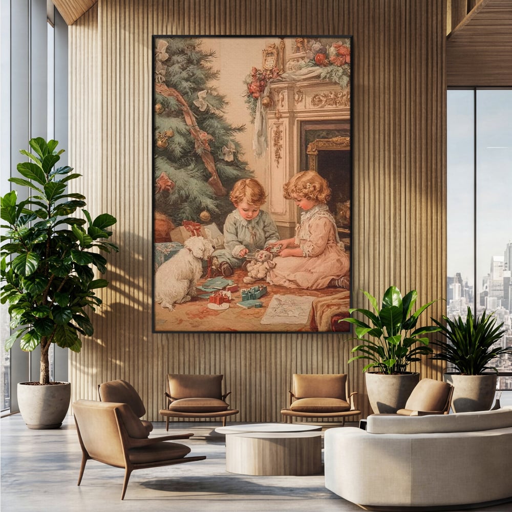 Tablou Canvas Premium, LuxCanva® D1096, Darurile copilariei,  Brad, Impodobit, Copii, Cadouri, Ajun, Inocenta, Copilarie, Fericire, Craciun, Mos, Jucarii, Iubire, Sarbatoare, Magie, Living, Dormitor