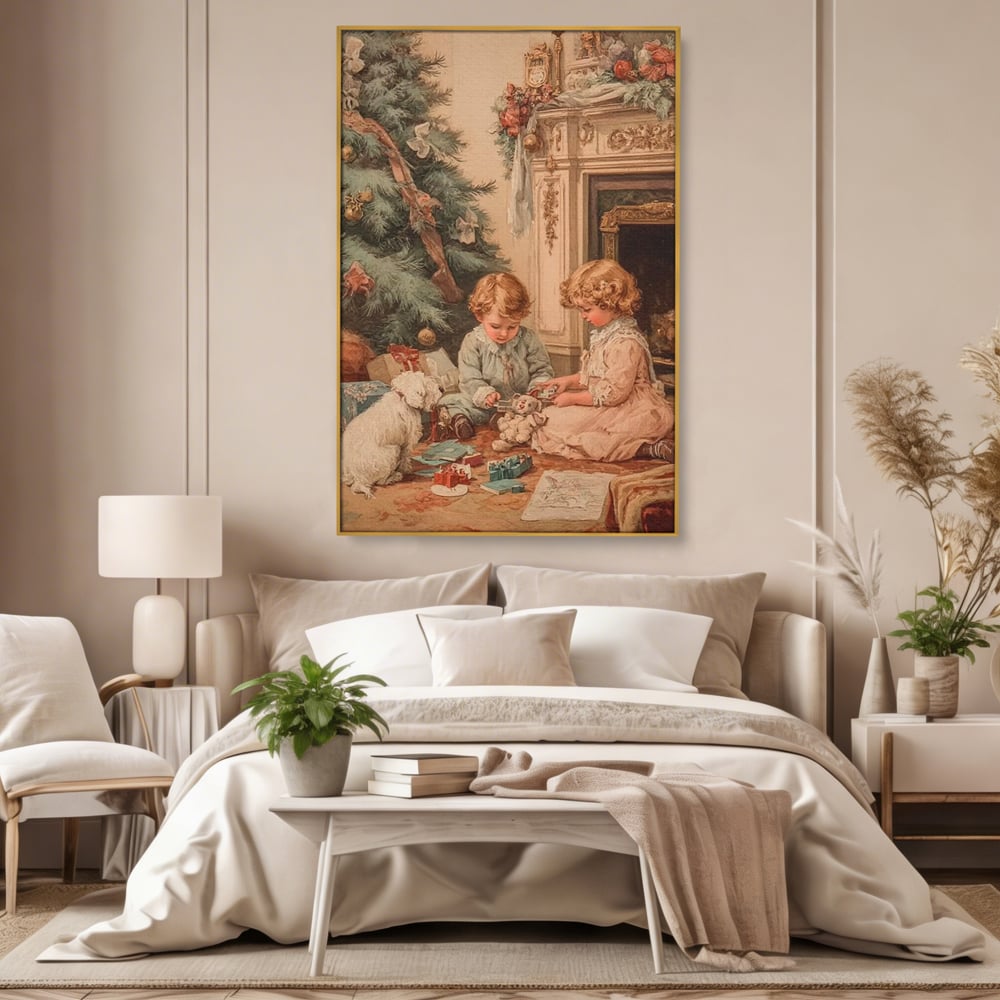 Tablou Canvas Premium, LuxCanva® D1096, Darurile copilariei,  Brad, Impodobit, Copii, Cadouri, Ajun, Inocenta, Copilarie, Fericire, Craciun, Mos, Jucarii, Iubire, Sarbatoare, Magie, Living, Dormitor