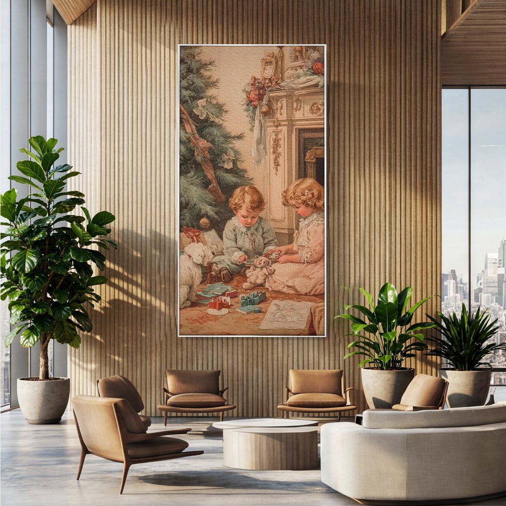 Tablou Canvas Premium, LuxCanva® D1096, Darurile copilariei,  Brad, Impodobit, Copii, Cadouri, Ajun, Inocenta, Copilarie, Fericire, Craciun, Mos, Jucarii, Iubire, Sarbatoare, Magie, Living, Dormitor