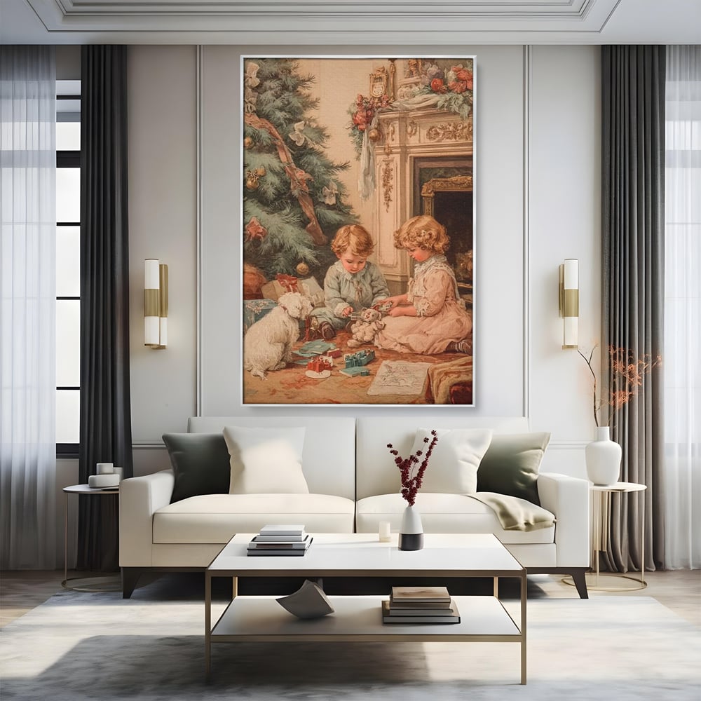 Tablou Canvas Premium, LuxCanva® D1096, Darurile copilariei,  Brad, Impodobit, Copii, Cadouri, Ajun, Inocenta, Copilarie, Fericire, Craciun, Mos, Jucarii, Iubire, Sarbatoare, Magie, Living, Dormitor