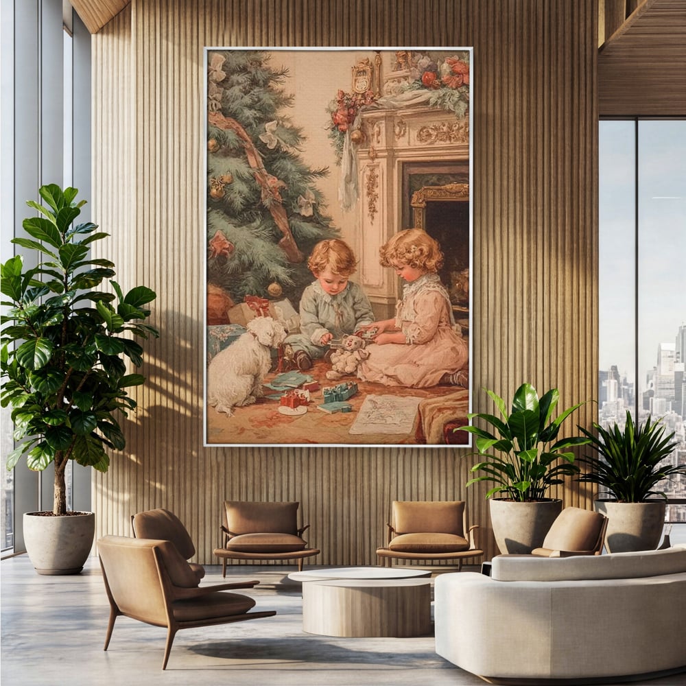 Tablou Canvas Premium, LuxCanva® D1096, Darurile copilariei,  Brad, Impodobit, Copii, Cadouri, Ajun, Inocenta, Copilarie, Fericire, Craciun, Mos, Jucarii, Iubire, Sarbatoare, Magie, Living, Dormitor