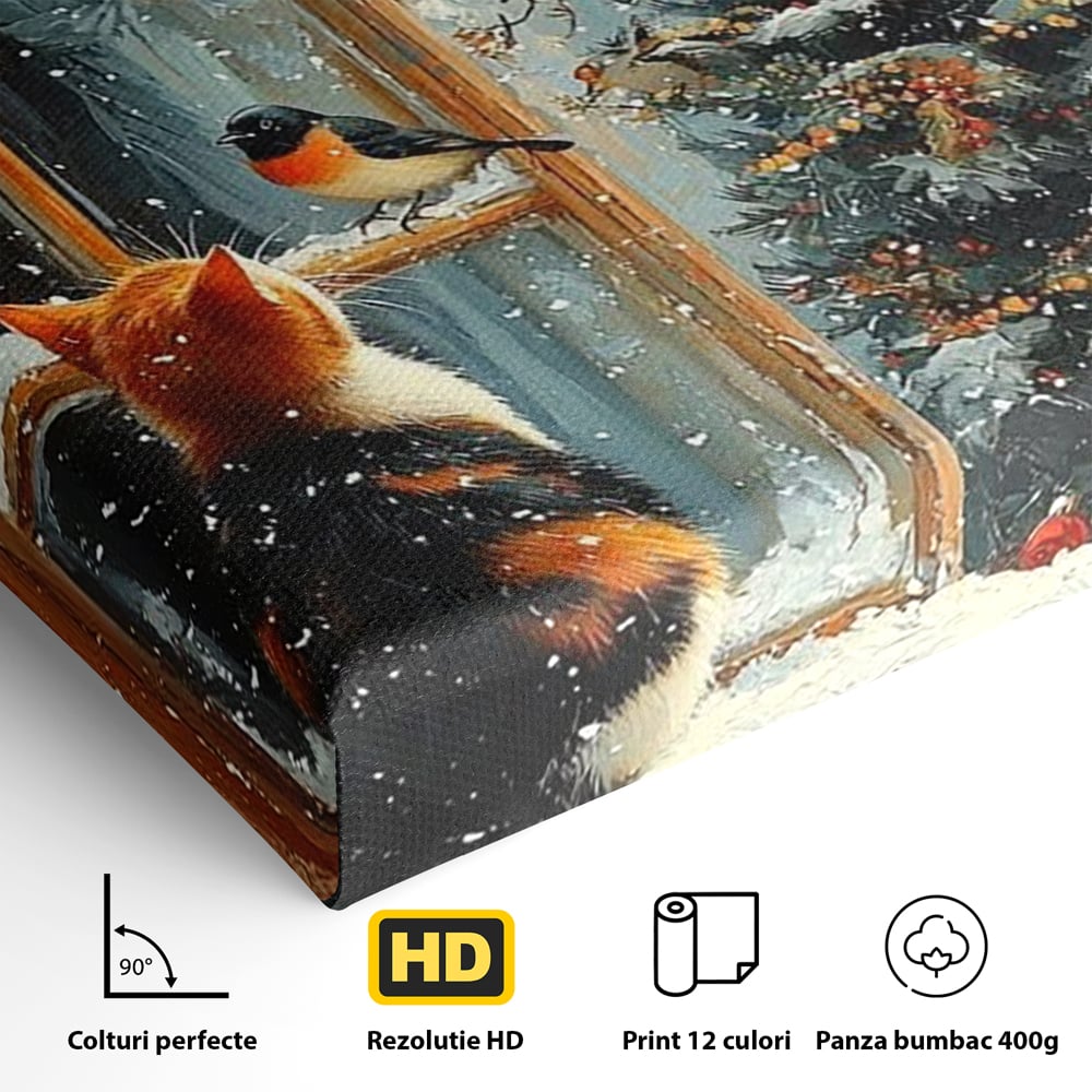 Tablou Canvas Premium, LuxCanva® D1097, Curiozitate printre fulgi, Pisica, Pasari, Natura, Privire, Contemplare, Visare, Fereastra, Craciun, Sarbatori, Magic, Fulgi, Zapada, Cartier, Living, Dormitor