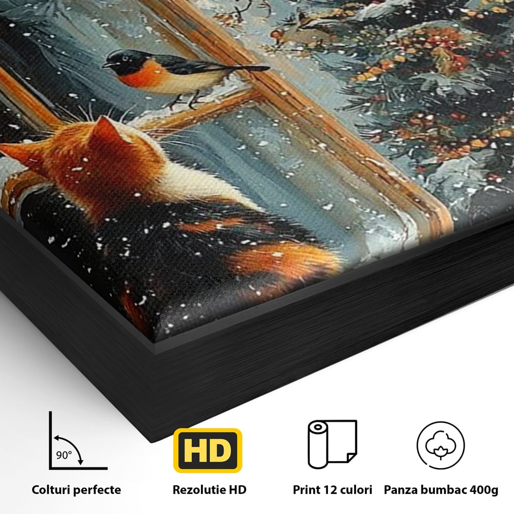 Tablou Canvas Premium, LuxCanva® D1097, Curiozitate printre fulgi, Pisica, Pasari, Natura, Privire, Contemplare, Visare, Fereastra, Craciun, Sarbatori, Magic, Fulgi, Zapada, Cartier, Living, Dormitor