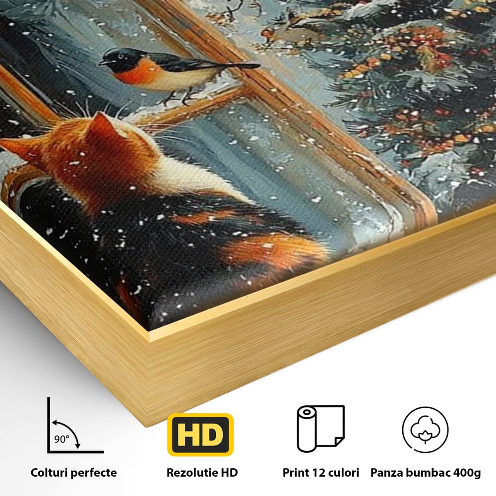 Tablou Canvas Premium, LuxCanva® D1097, Curiozitate printre fulgi, Pisica, Pasari, Natura, Privire, Contemplare, Visare, Fereastra, Craciun, Sarbatori, Magic, Fulgi, Zapada, Cartier, Living, Dormitor