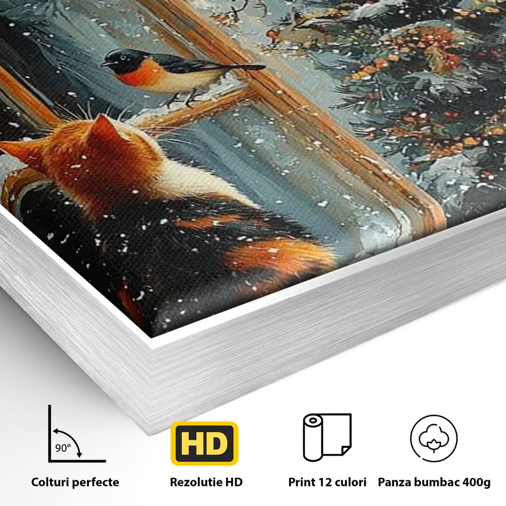 Tablou Canvas Premium, LuxCanva® D1097, Curiozitate printre fulgi, Pisica, Pasari, Natura, Privire, Contemplare, Visare, Fereastra, Craciun, Sarbatori, Magic, Fulgi, Zapada, Cartier, Living, Dormitor