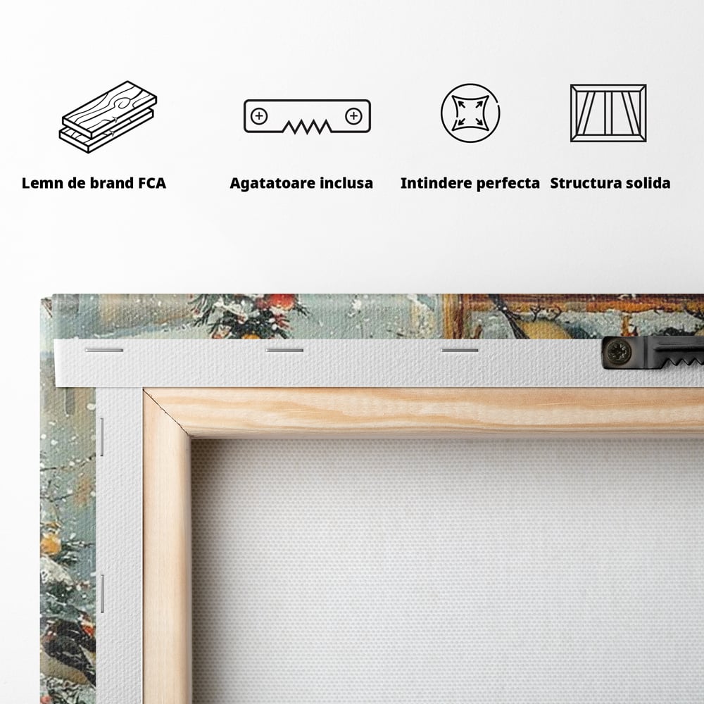 Tablou Canvas Premium, LuxCanva® D1097, Curiozitate printre fulgi, Pisica, Pasari, Natura, Privire, Contemplare, Visare, Fereastra, Craciun, Sarbatori, Magic, Fulgi, Zapada, Cartier, Living, Dormitor