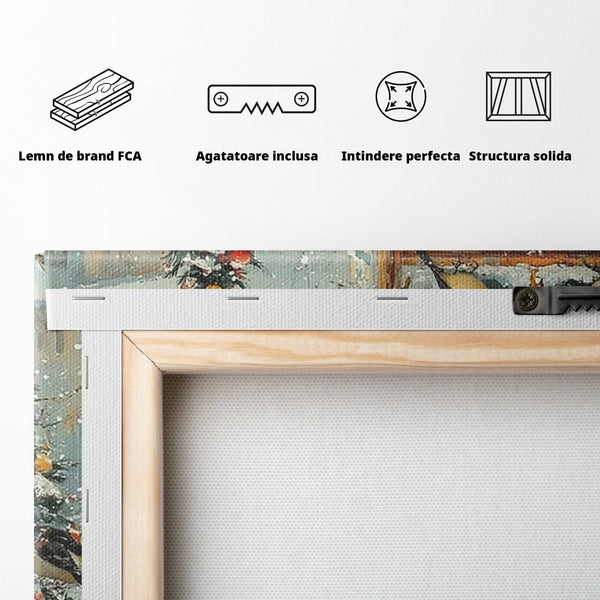 Tablou Canvas Premium, LuxCanva® D1097, Curiozitate printre fulgi, Pisica, Pasari, Natura, Privire, Contemplare, Visare, Fereastra, Craciun, Sarbatori, Magic, Fulgi, Zapada, Cartier, Living, Dormitor