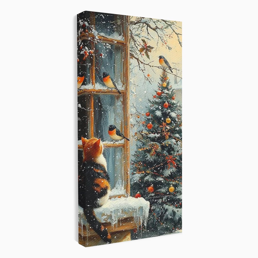 Tablou Canvas Premium, LuxCanva® D1097, Curiozitate printre fulgi, Pisica, Pasari, Natura, Privire, Contemplare, Visare, Fereastra, Craciun, Sarbatori, Magic, Fulgi, Zapada, Cartier, Living, Dormitor