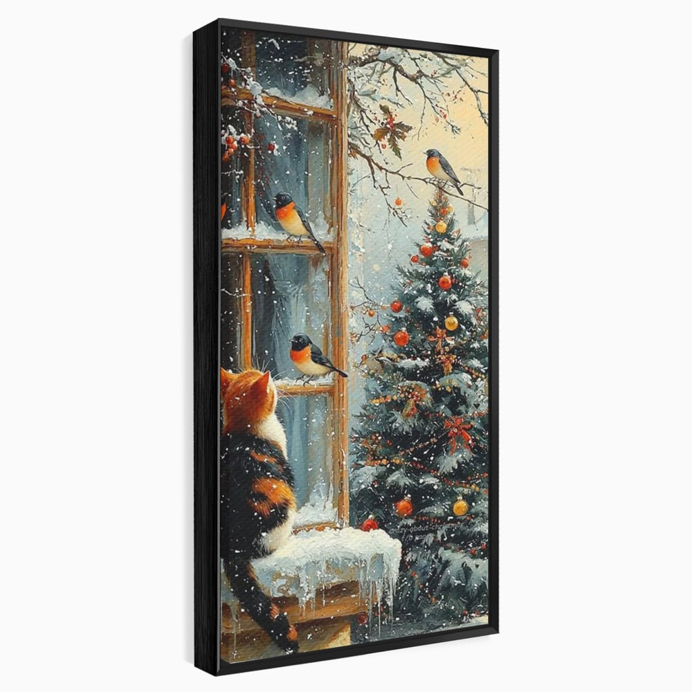 Tablou Canvas Premium, LuxCanva® D1097, Curiozitate printre fulgi, Pisica, Pasari, Natura, Privire, Contemplare, Visare, Fereastra, Craciun, Sarbatori, Magic, Fulgi, Zapada, Cartier, Living, Dormitor