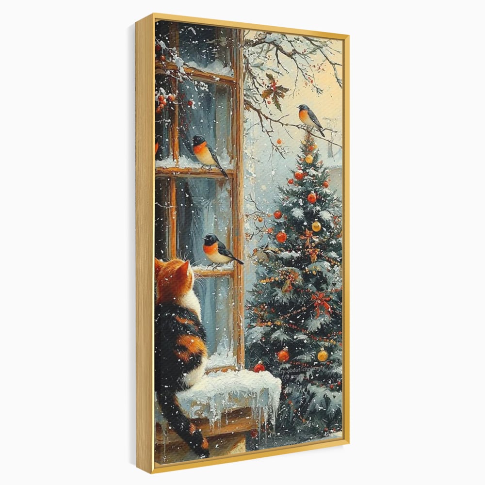 Tablou Canvas Premium, LuxCanva® D1097, Curiozitate printre fulgi, Pisica, Pasari, Natura, Privire, Contemplare, Visare, Fereastra, Craciun, Sarbatori, Magic, Fulgi, Zapada, Cartier, Living, Dormitor