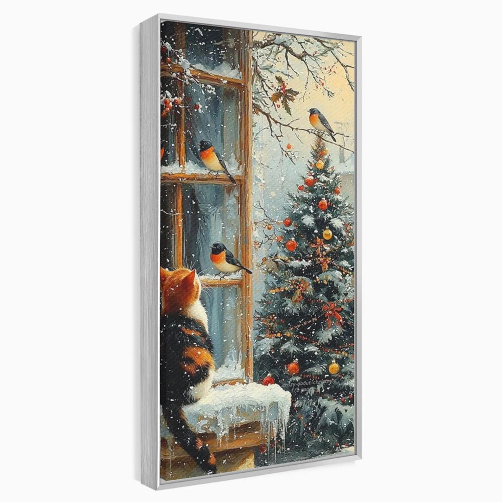 Tablou Canvas Premium, LuxCanva® D1097, Curiozitate printre fulgi, Pisica, Pasari, Natura, Privire, Contemplare, Visare, Fereastra, Craciun, Sarbatori, Magic, Fulgi, Zapada, Cartier, Living, Dormitor