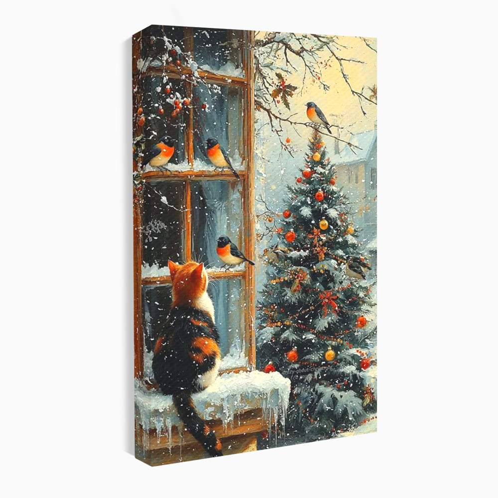 Tablou Canvas Premium, LuxCanva® D1097, Curiozitate printre fulgi, Pisica, Pasari, Natura, Privire, Contemplare, Visare, Fereastra, Craciun, Sarbatori, Magic, Fulgi, Zapada, Cartier, Living, Dormitor