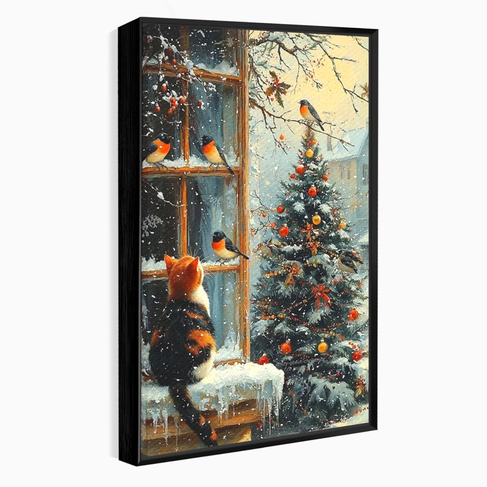 Tablou Canvas Premium, LuxCanva® D1097, Curiozitate printre fulgi, Pisica, Pasari, Natura, Privire, Contemplare, Visare, Fereastra, Craciun, Sarbatori, Magic, Fulgi, Zapada, Cartier, Living, Dormitor