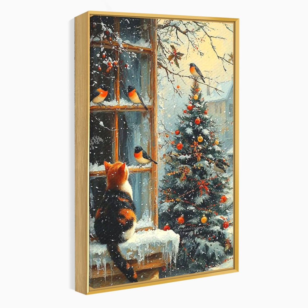 Tablou Canvas Premium, LuxCanva® D1097, Curiozitate printre fulgi, Pisica, Pasari, Natura, Privire, Contemplare, Visare, Fereastra, Craciun, Sarbatori, Magic, Fulgi, Zapada, Cartier, Living, Dormitor